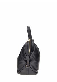 Borsa a tracolla in pelle nera con forma arrotondata, chiusura con zip dorata e texture liscia. Presenta una maniglia superiore e un dettaglio con una fascia decorativa.