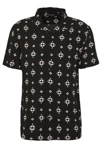 Korte mouw knoopsluiting shirt van zwarte stof met een geometrisch patroon in wit en rood. Heeft een klassieke kraag en knoopsluiting.