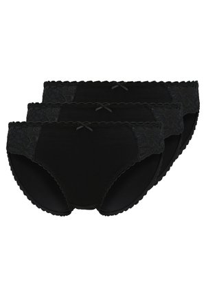 Kolm musta aluspüksi komplekt, millel on pitsist vöökoht, lainelised servad ja väike paelteema ees. Pehme kanga jaoks mugavuseks.