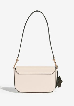 Hele roosa sünteetiline käekott, millel on klapiga sulgur, must ääris ja dekoratiivse lillekaunistusega. Varustatud õhukese musta õlarihmaga.