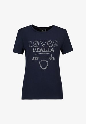 Navyblaue Baumwoll-T-Shirt mit Strassverzierungen und dem Text "1969 ITALIA" sowie einem Wappenmotiv. Rundhalsausschnitt, kurze Ärmel.