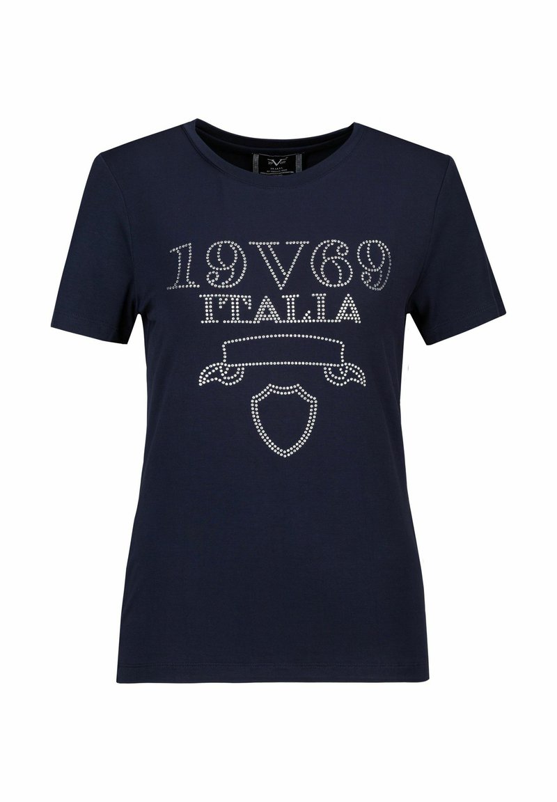 Navyblaue Baumwoll-T-Shirt mit Strassverzierungen und dem Text "1969 ITALIA" sowie einem Wappenmotiv. Rundhalsausschnitt, kurze Ärmel.