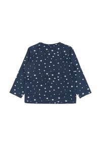 Hosszú ujjú ing puha sötétkék anyagból, amelyen szétszórt fehér csillagminták találhatók. Kerek kivágású és normál fazonú.