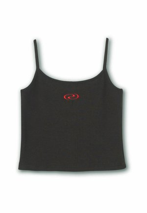 Schwarzes geripptes Croptop mit dünnen Trägern, mit einem roten Wirbel-Logo auf der Vorderseite. Glatte Textur mit taillierter Passform.