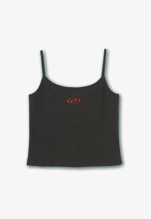 Čierny pruhovaný crop top s tenkými ramienkami, so vzorom červeného vírusu na prednej strane. Hladký materiál a priliehavý strih.