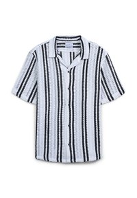 Short-sleeve shirt in breathable white fabric with black horizontal and vertical stripes, featuring a collar and button-up front.