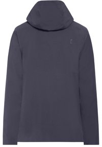 Mörkblå huvjacka med en slät yta, långa ärmar och en logotyp på den övre ryggen. Enkel, minimalistisk design.