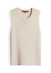 Top beige senza maniche realizzato in tessuto a coste, con scollatura rotonda e vestibilità morbida, caratterizzato da un motivo testurizzato su tutta la superficie.