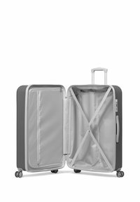 Harde koffer in donkergrijs met een zilveren rits. Het interieur heeft een grijze stofvoering en kruisbanden om artikelen vast te zetten. Inclusief een uitschuifbare handgreep en wielen.