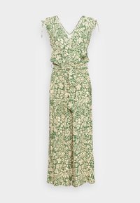 Tuta stampata floreale in verde e crema, con scollo a V, design senza maniche, vita cintrata e pantaloni a gamba larga.