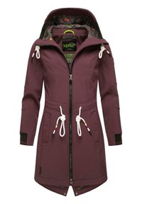 Maroon waterproof jacket with a zip front, drawstring waist, and patterned inner lining. Features adjustable hood and two front pockets.