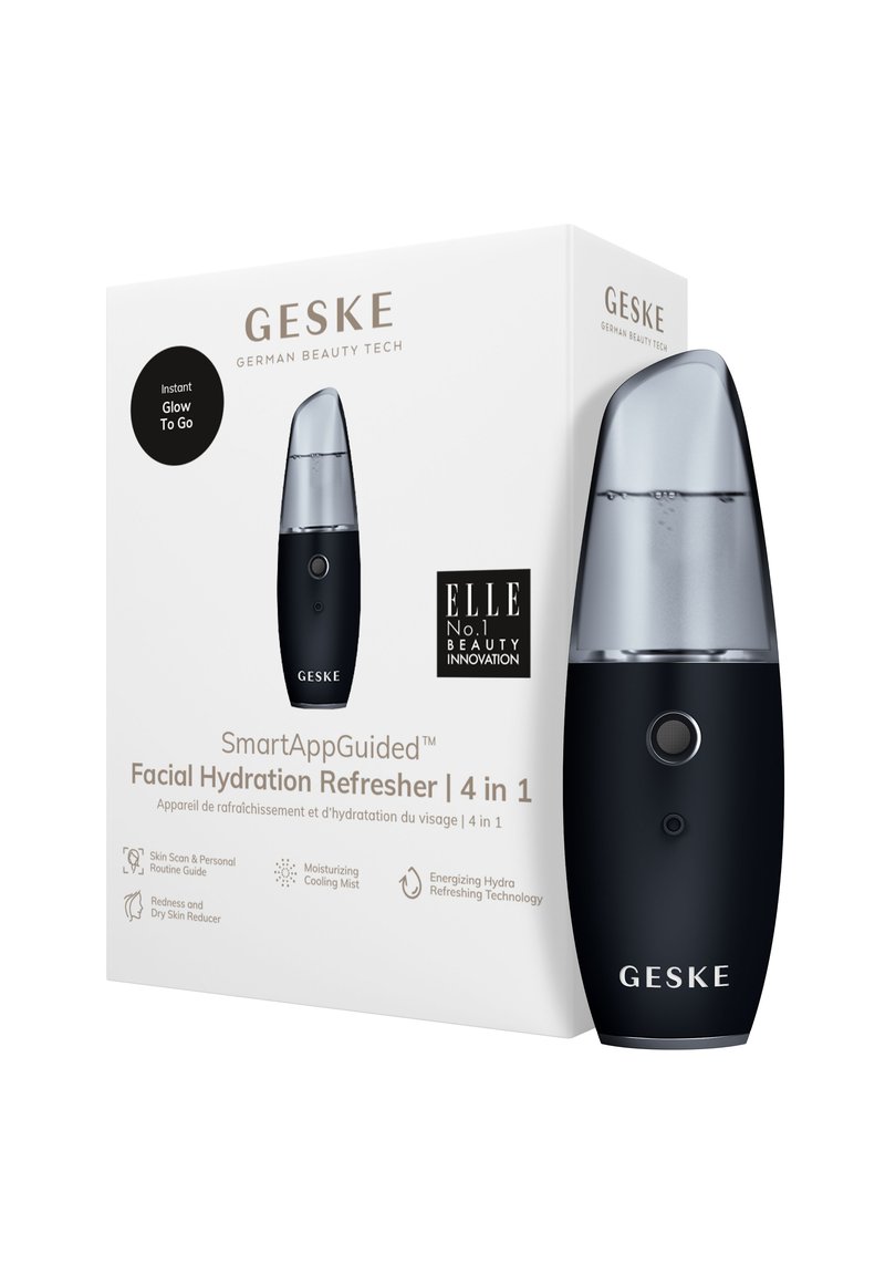 Zwarte hydraterende gezichtsverfrisser met een doorzichtige bovenkant, ronde knop en "GESKE" branding. De verpakking bevat productdetails en pictogrammen.
