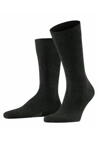 Dunkelgraue Baumwollsocken mit gerippten Bündchen, glatter Textur, mittellang und mit verstärkter Ferse und Zehen für Langlebigkeit. Markenlogo sichtbar.