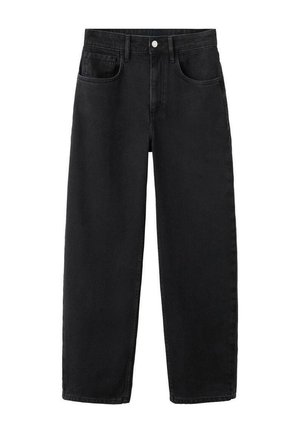 Schwarze High-Waist-Jeans mit weitem Bein, vorne Taschen, Gürtelschlaufen und Knopfverschluss.