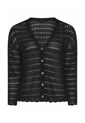 Cardigan nero lavorato a maglia all'uncinetto con scollo a V, maniche lunghe, orlo smerlato e cinque bottoni frontali.