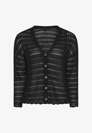 Czarny kardigan z dzianiny szydełkowej z dekoltem w serek, długimi rękawami, falowanym dołem i pięcioma guzikami z przodu.