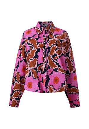 Overhemd met lange mouwen en knopen, bedrukt met grote roze bloemen en bruine bladeren op een zwarte achtergrond, met een klassieke kraag en geribbelde manchetten.