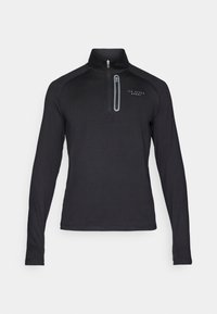 Must musta varrukatega pullover, millel on veerandi lukuga kaelus. Valmistatud siledast kangast, millel on peegeldavad aktsendid ja diskreetne logoprint rinnal.