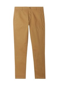 Khaki-Chinos aus Baumwoll-Twill, mit geradem Bein, vorderen Taschen und einem einzelnen Knopfverschluss. Glatte Textur.