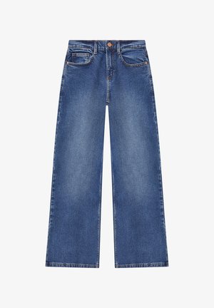 Plati kāju džinsi tumši zilo denimu, ar pogu aizdari, pieciem kabatām un vieglu izbalēšanu tekstūras radīšanai. Klasisks taisni nogriezts dizains.