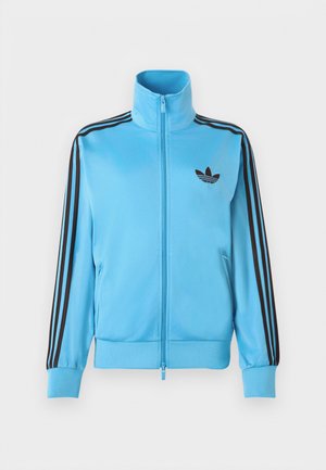 Light blue zip-up jacket made of smooth fabric, features black stripes on sleeves, and a small black logo on the chest.