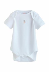 Baltas trumpomis rankovėmis bodis iš minkšto medvilnės audinio su apvalia iškirpte ir spaudėmis apačioje. Priekyje yra mažas rožinis fėjos piešinys.