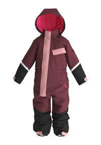 Bordeaux winter overall met roze binnenkant, zwarte accenten, voorzak en verstelbare manchetten. Waterdicht materiaal voor bescherming tegen koud weer.