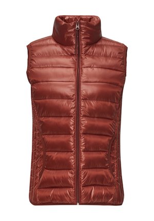 Rote gepolsterte Weste mit hohem Kragen, Frontreißverschluss und Seitentaschen. Glattes, glänzendes Material mit horizontalen Nähten und einem leichten Schimmer.