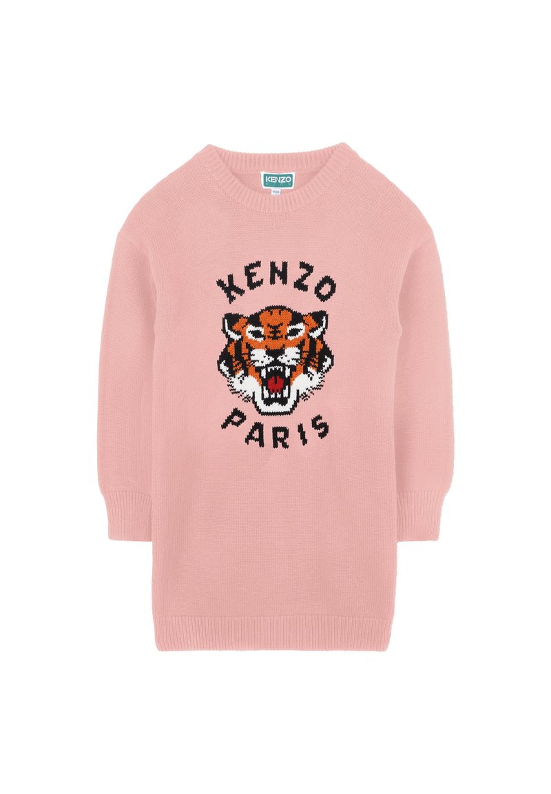 Pull en tricot rose avec un graphique de tigre et le texte "KENZO PARIS" en dessous. Manches longues et col rond. Texture douce.