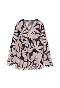 Pitkähihainen pusero tummansinisellä pohjalla, jossa suuria beigejä lehtikuvioita. V-päinen muotoilu, väljä malli, kevyt kangas ja sileä rakenne.