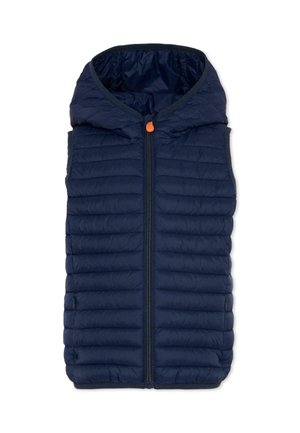 Gilet imbottito blu navy senza maniche con cappuccio e cerniera centrale con tiretto arancione.