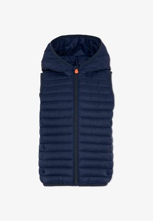 Veste sans manches matelassée bleu marine avec capuche et fermeture éclair centrale avec tirette orange.