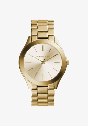 Orologio da polso Michael Kors color oro con quadrante rotondo, quadrante minimalista e bracciale in metallo a maglie che mostra l'orario 10:09:43.