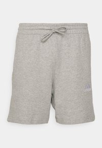 Grå bomullsshorts med elastiskt midjeband, snörning och sidofickor. Har en lila logotyp på nedre vänstra benet.