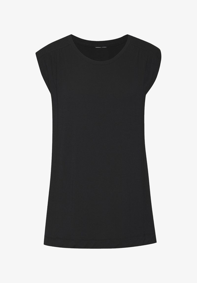 Must särmikas must t-särk ümarate kaelustega, valmistatud pehmest kangast. Sellel on diskreetsed õlavarre voldid ja otse alla tulev ääreosa.