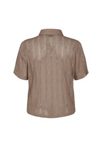 Korte mouwen beige blouse met een gemêleerd breipatroon, voorzien van een kraag en een open haakjes ontwerp met geometrische motieven doorheen.