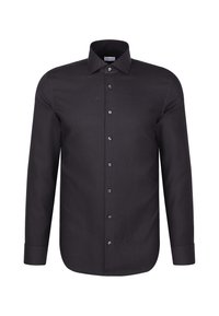 Camicia nera in tessuto testurizzato, con colletto a punta, maniche lunghe, chiusura frontale con bottoni e sottile lucentezza.