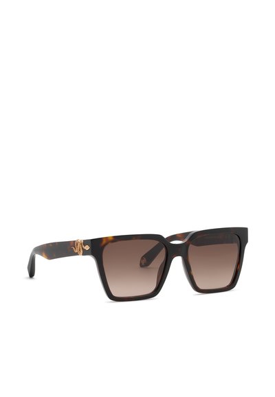 Lunettes de soleil carrées en écaille de tortue avec verres à dégradé marron et un petit détail serpent doré sur la branche gauche.