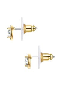 Guldtonade studs med en klar kristall i mitten, omgiven av en slät guldbas och en klar baksida för säker användning.