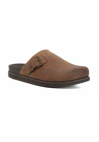 Brown leather slip-on clogs with a curved toe, side strap featuring a metal buckle, and a textured rubber sole for grip.