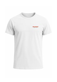 White cotton t-shirt featuring a round neckline and short sleeves, with a red "Neverless Beach Club" logo on the left chest.