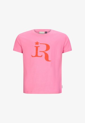 Roze katoenen t-shirt met een groot oranje "R" logo met een ster, korte mouwen, ronde hals en rechte zoom.