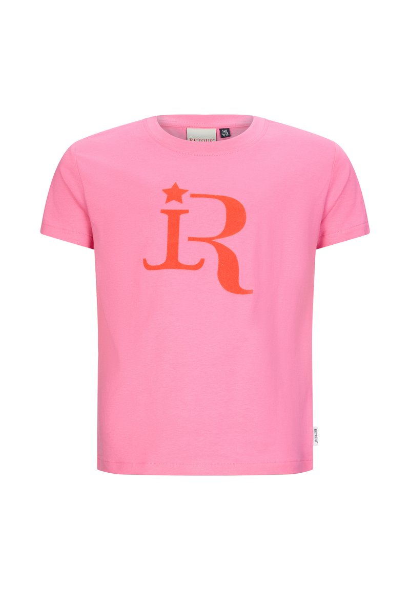 Różowa bawełniana koszulka z krótkim rękawem, z dużym pomarańczowym logo "R" z gwiazdką, okrągłym dekoltem i prostym wykończeniem.