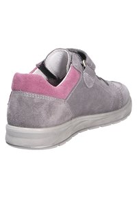Gray suede shoe with a pink accent, featuring a velcro strap and a textured surface. Designed for comfort, with a sturdy rubber sole.