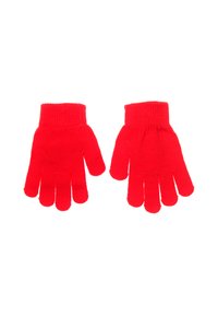 Gants tricotés rouges avec un poignet côtelé, dotés de cinq ouvertures séparées pour les doigts. Le tissu semble doux et légèrement extensible.