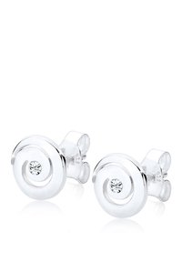 Silberohrringe mit spiralförmigem Design und einem zentralen klaren Kristall, gekennzeichnet mit "925", was auf Sterlingsilber hinweist.