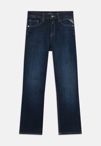 Jeans din denim de culoare albastru închis cu picioare drepte, având cusături contrastante de culoare portocalie, cinci buzunare și închidere frontală cu nasture.