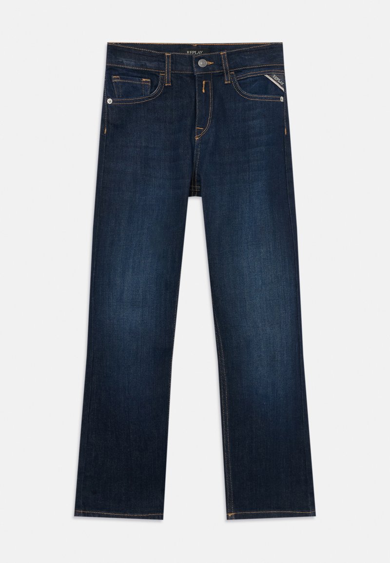 Jeans in denim blu scuro con gamba dritta, caratterizzati da cuciture arancioni a contrasto, cinque tasche e una chiusura anteriore con bottone.