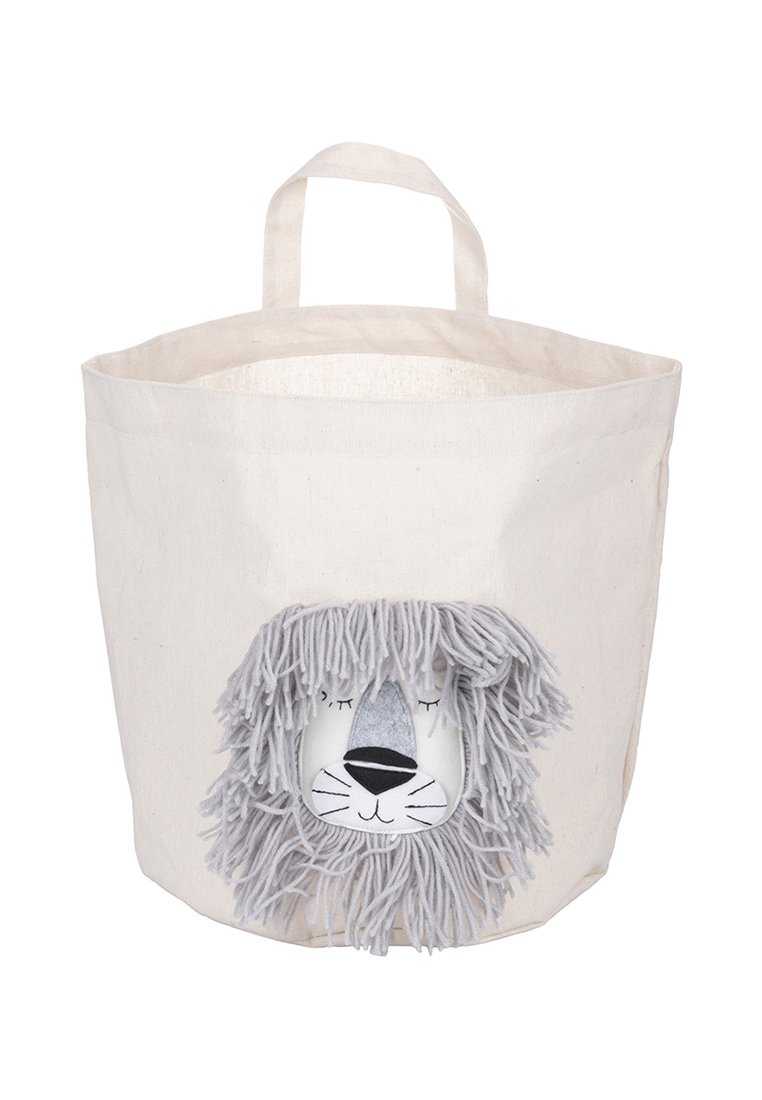 Panier de rangement en toile avec un design de visage de lion. Présente une couleur crème, une crinière en fil de gris et deux poignées solides pour le transport.