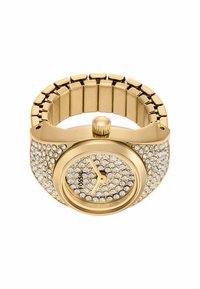 Goldene Uhr mit rundem Zifferblatt und glitzerndem, mit Kristallen besetztem Ziffernblatt. Metallisches Gliederarmband mit einer Krone zur Einstellung.